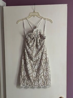 Lulu’s White and Beige Floral Lace with Halter/Criss Cross Adjustable Straps